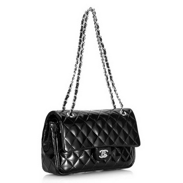 Cheap Replica Chanel Classic 2.55 Series Flap Bag 1112 Black Patent Leather Silver Handware